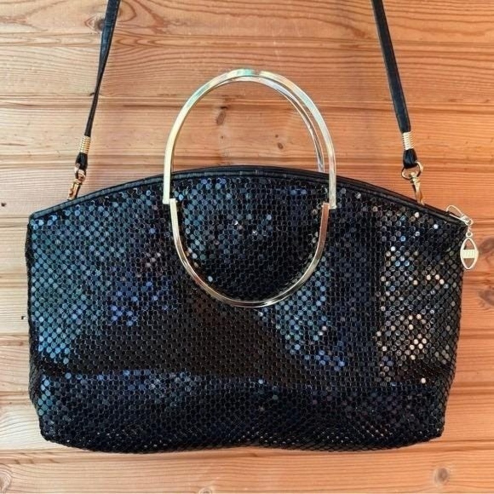 Chainmail Purse Clutch Black Gold Handles Fold Shoulder Disco 70s Warren Reed